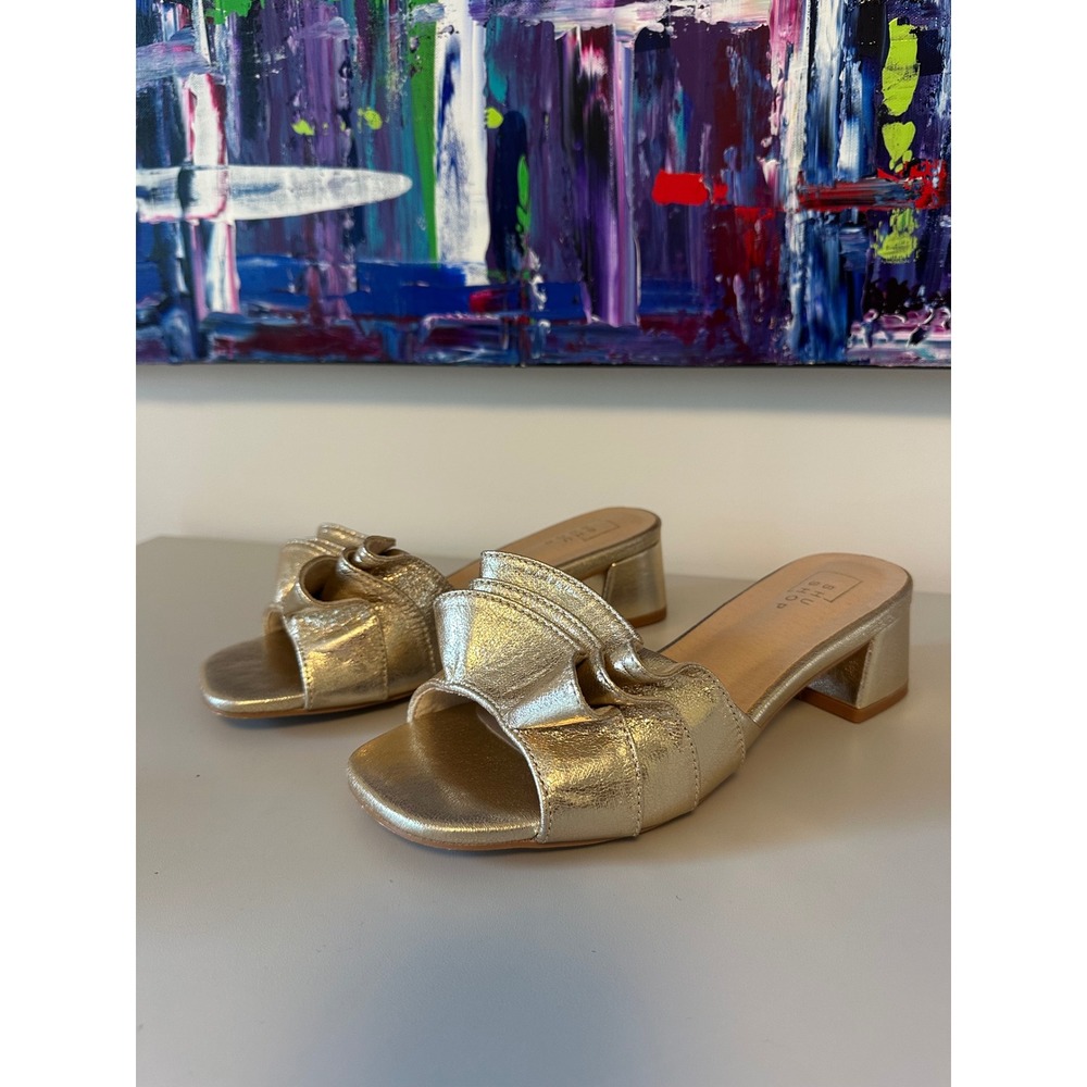 Shu Shop Gold Metallic Ruffle Block Heel Slide Sandals | Size 9